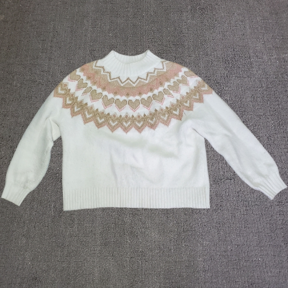 White and Pink Fair Isle Womens Heart Pattern Sweater
